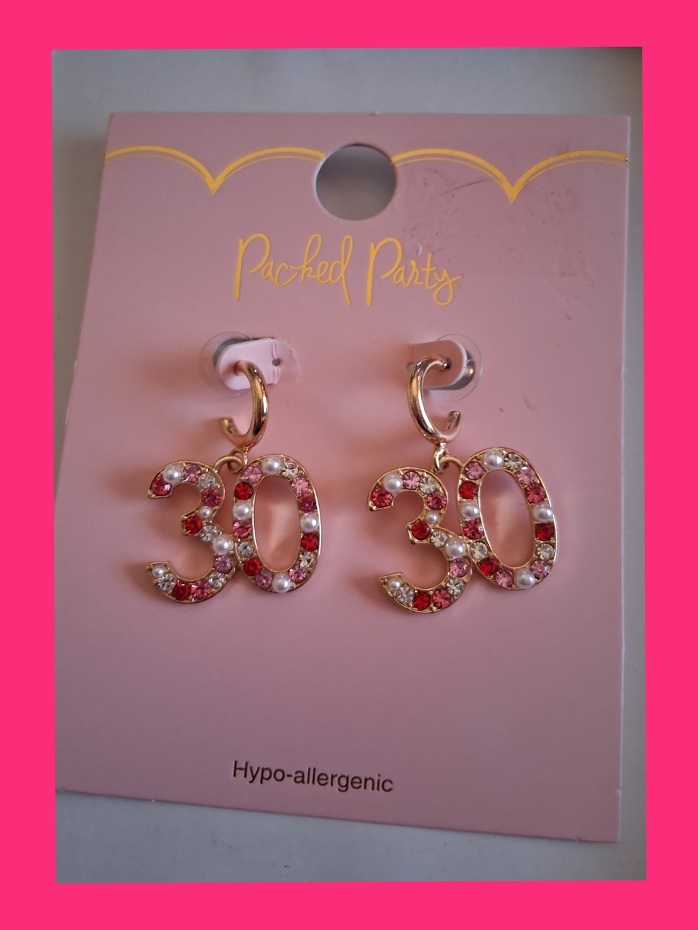 Packed Party Gold-Tone Pink and White '30' Crystal Drop Earrings